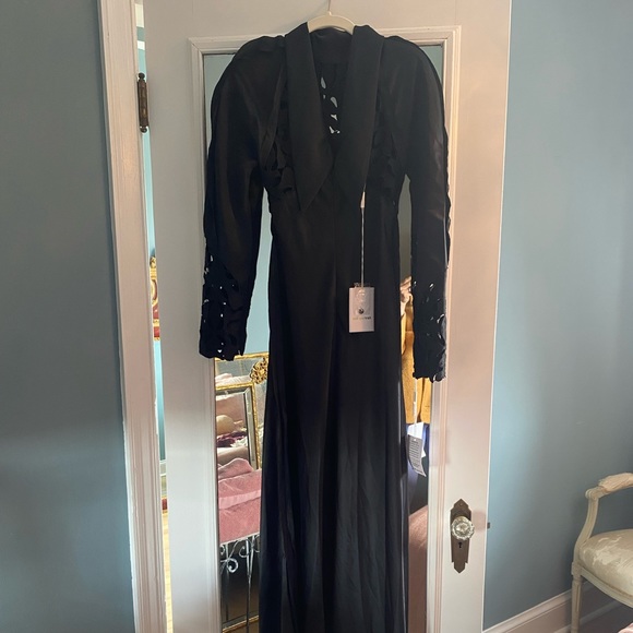 Rare NWT Self-Portrait long black satin and lace panel gown dress with sleeves - Picture 7 of 12
